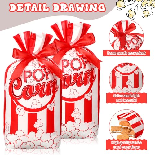 Image of 50 Pcs Popcorn Plastic Bags Circus Carnival Party Goodie Bags Bulk Movie Night Popcorn Container for Carnival Movie Night Theater Halloween Party Supplies (Red)