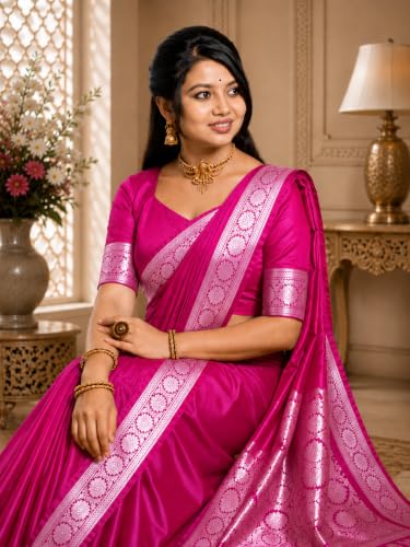 Image of Women's Glory Banarasi Satin Silk Saree Plain Silver Zari | Unstiched Blouse Piece Included.