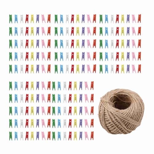 Generic Mini Pinzas para Ropa, Ropa Pequeña Pin Mini Pinzas para Fotos con 1 Rollo de 50 Metros de Yute Twine 200pcs Mini Ropa de Ropa para Fotos de Madera Mini Pinzas Clamp/Holder de Clamp/Holder