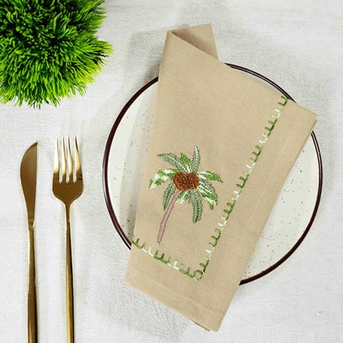 Image of R home Premium Embroidered Cotton Table Napkins Set of 6 Reusable Cloth Dinner Napkins Soft Washable Dining Table Linen Elegant Kitchen Coffee Table Decor (R home Desert Palm, 40X40 CM)