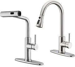 WEWE Single Handle High Arc Brushed Nickel Pull Out Kitchen Faucet,Single Level Stainless Steel Kitchen Sink Faucets with Pull Down Sprayer with WEWE Waterfall Kitchen Faucet with Pull Down Sprayer, 3