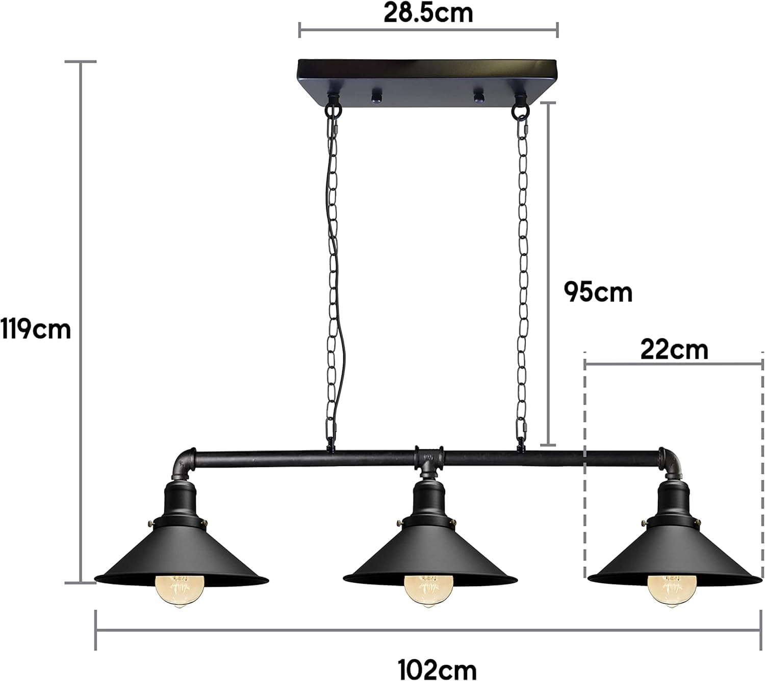 LEDSone Lampada a sospensione industriale 3 vie, paralume nero, tubo dell'acqua in metallo, attacco luce vintage, confezione da 2 (Nero, confezione da 2)