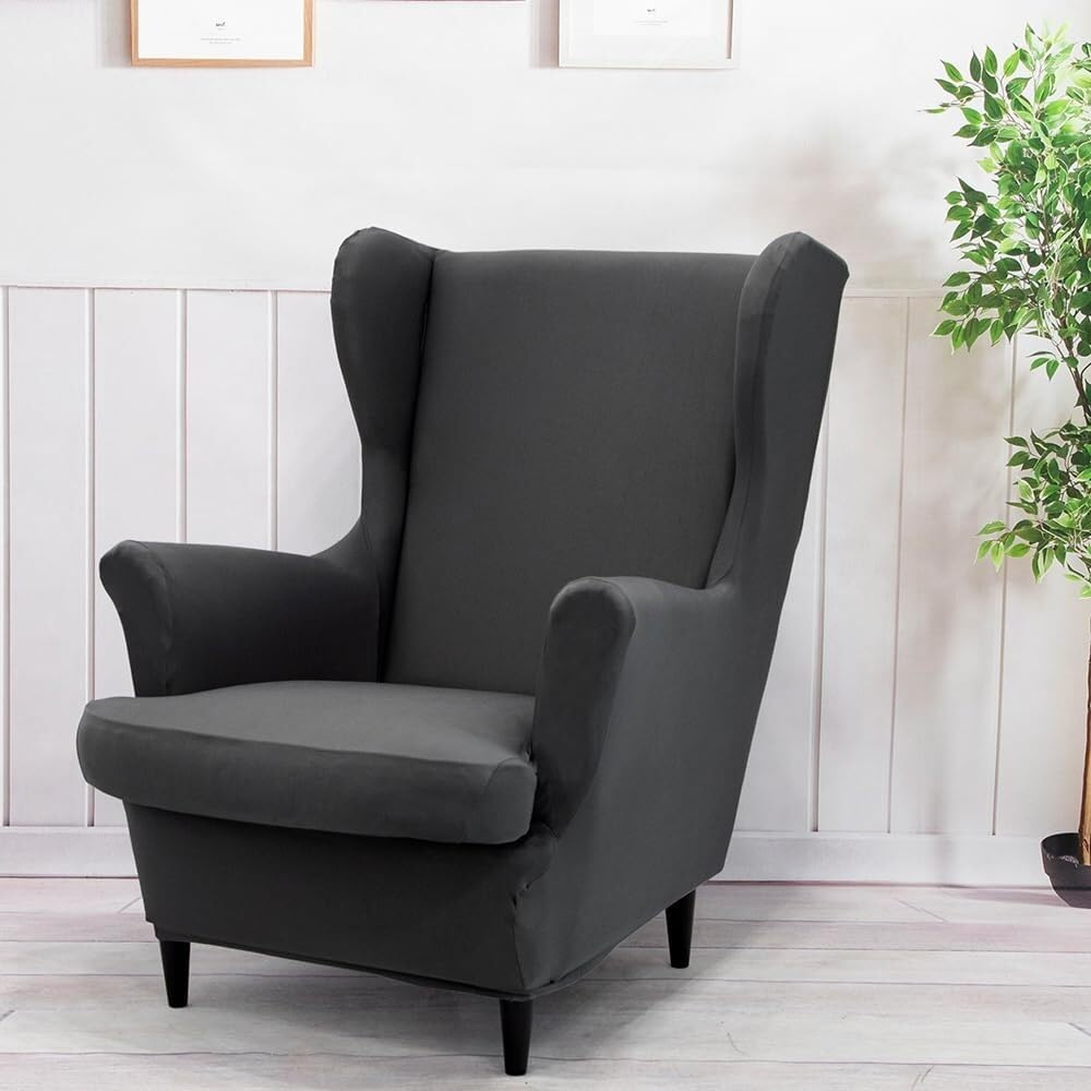 BUAOGDVG 2 Pieces Stretch Wingback Chair Slipcovers Solid Color Single Seater Chair Cover, Spandex Non-Slip Washable for Bar Living Room Bedroom(Grigio Scuro)