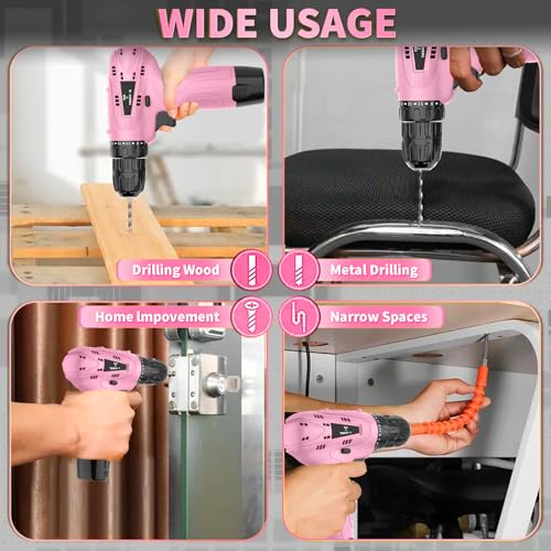 Image of Tegatok Cordless Drill Set,12V Power Drill Set with Battery and Charger, Electric Driver Drills Bits, 3 /8'' Keyless Chuck,18+1 Torque Setting with LED Electric Drills Set, Pink