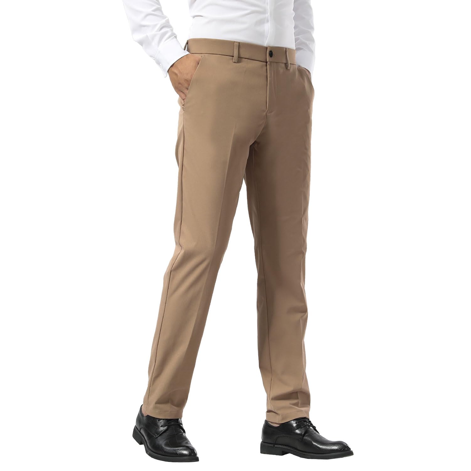 Plaid&Plain Men's Slim Fit Dress Pants Stretch Khaki Pants Wrinkle Free