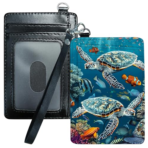 Credit Card Holder for Women, RFID Wallet Women with Wrist Rope Set, PU Leather Small Womens Wallet Slim Card Organizer Gifts Girls for Travel Home Shopping Business, Sea Turtle