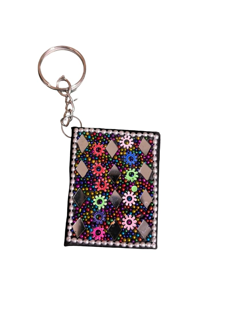 Handmade Colorful Beaded Mirror Work Square Keychain, Decorative Ethnic Key Ring with Multicolor Floral & Geometric Design, Traditional Bag Charm