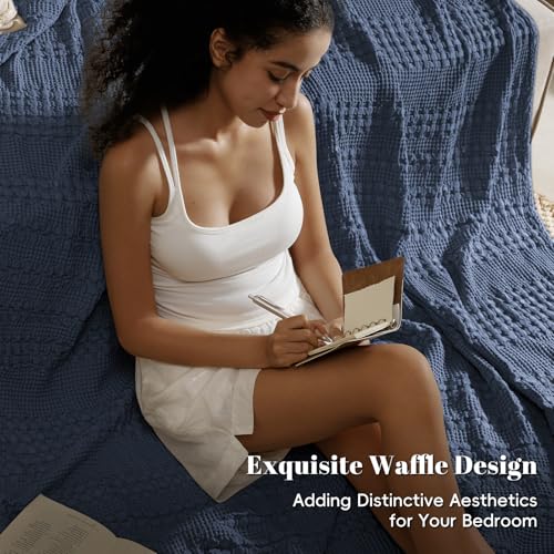 Image of PHF 100% Cotton Waffle Blanket Twin Size for College Dorm, Lightweight Breathable and Soft for Summer, Luxury Aesthetic Waffle Weave Blanket for Bed & Gifts for Women, 66 inchx90 inch, Indigo