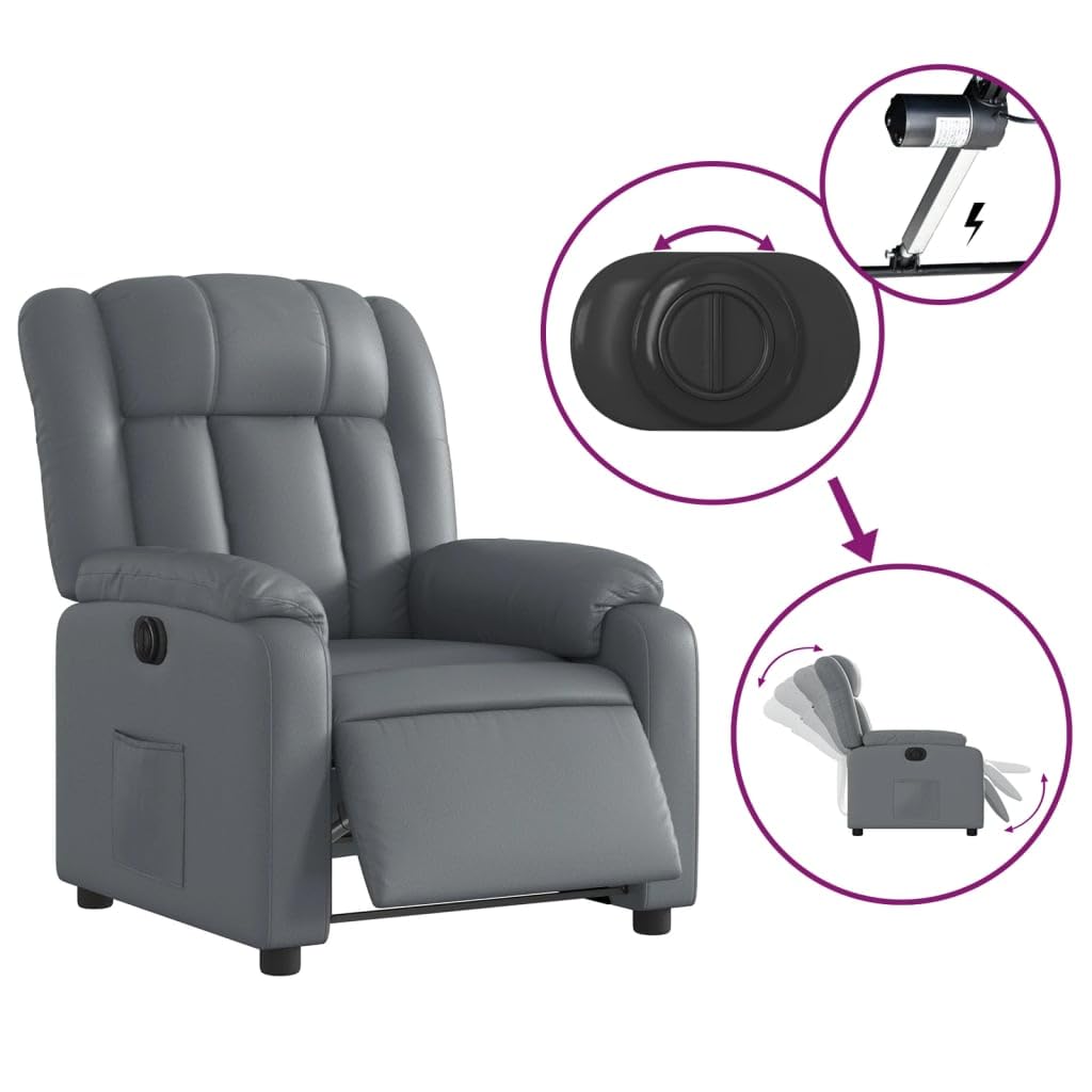 Fotel relaksacyjny, elektryczny, szary, sztuczna skóra, z funkcją leżenia i regulowanym oparciem, wygodny fotel telewizyjny z podłokietnikami, rama drewniano-metalowa, ergonomiczny do salonu