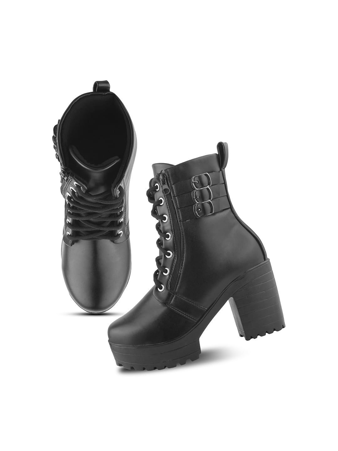 JM LOOKS Women’s Block Heel Ankle Boots with Lace-Side Detail and Comfortable Sole