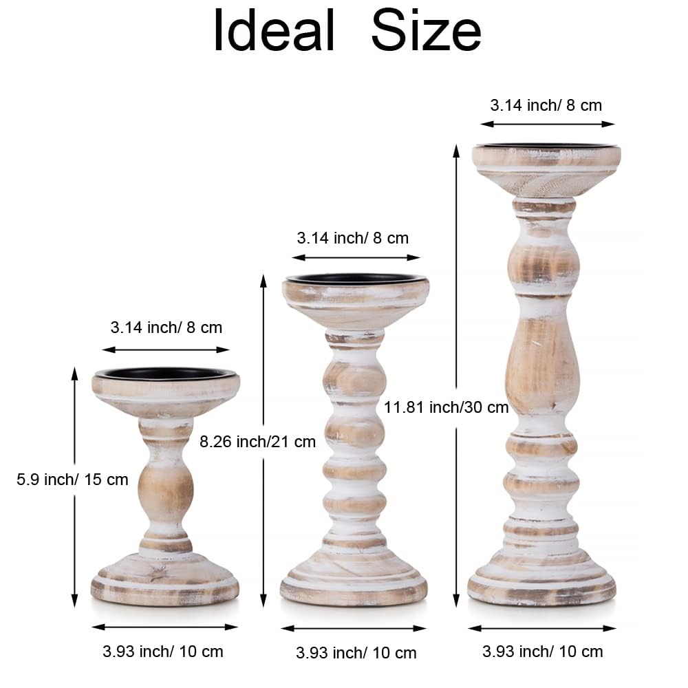 Rustique Bougeoirs en Bois Pilier - 3 Pcs Bougeoirs en Bois Bougeoir Pilier Ensemble Blanc Détresse Shabby Chic Photophores pour Centres de Table de Mariage Ferme Maison Décoration Chambre