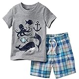 Toddler Boy Summer Clothes,Grey Fish Short Sleeve T-Shirt and Shorts Outfit Set 4t