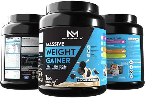 Image of Nutrimuscle Massive Weight Gainer - 1 Kg - Cookies and Cream Flavour - Contains Complex Carbohydrates for Healthy Weight Gain