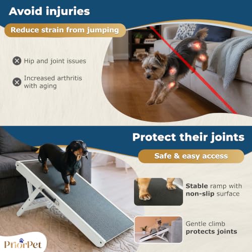 Image of Dog Ramp for Couch - Non-Slip, Sturdy Build Foldable Wooden Dog Ramp - Supports up to 200 lbs - 7 Adjustable Heights (14 inch-20.5 inch) - Enhanced Stability - Birchwood Pet Ramp for Small Dogs - White