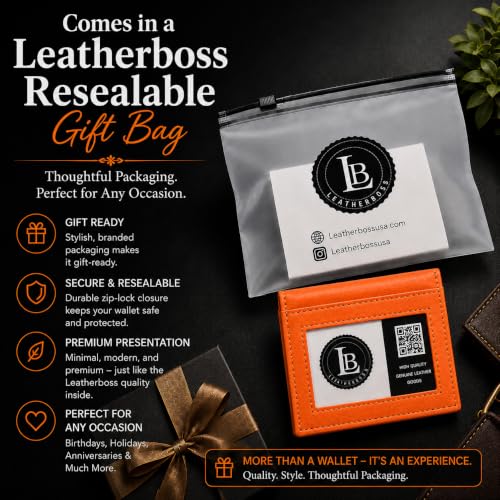 Image of LB LEATHERBOSS Slim Thin Leather Credit Card Triple ID Window Mini Wallet Bifold Driver License Safe (Orange)