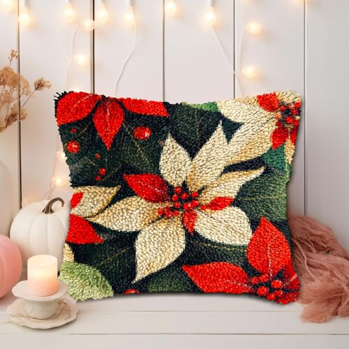 Image of Latch Hook Pillow Kits for Adults Merry Christmas Flowers Poinsettia DIY Pillow Cover Printed Pillowcase Crochet Yarns Hooking Handmade Cushion for Home Sofa Decoration 17x17inch(8)