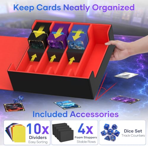 Image of Mlikero Trading Card Storage Box, Bulk Card Storage for 2400+ Sleeved Cards, PU Leather Magnetic Closure Card Organizer with 10 Dividers & 4 Foam Stoppers, Fit for MTG, TCG and Sports Cards (Red)
