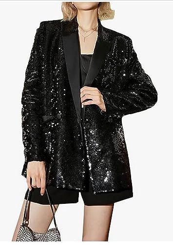 Women's Double Breasted Sequins Blazer Notch Lapel Loose Style Jacket with Long Sleeves Prom Coat3