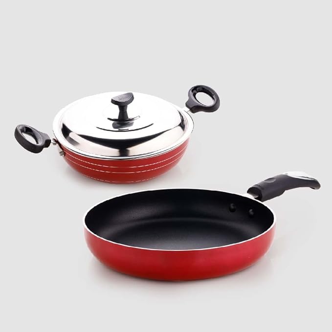 Crystal Platinum Series 2 pcs Nonstick Cookware Set | 250mm Kadai + 250mm Fry Pan with Stainless Steel Lid | Thickness- 3mm | Metal Spoon Friendly