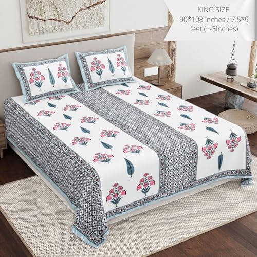 Image of Living Roots Ethnic Jaipur Block Print Double Cotton Bedsheet & 2 Pillow Covers, for Mattress Upto 6 inches Thick, No Colour Bleeding, Pink Colour, King Size 90 * 108 inches, 120TC (603-C)