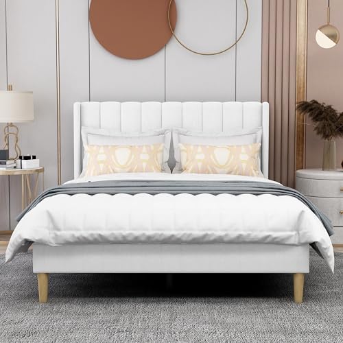 Image of AGARTT Upholstered Platform Bed Frame Full Size, White Linen