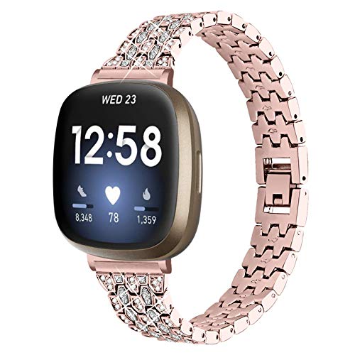 Kompatibel für Fitbit Versa 3, Edelstahl Metall Armband mit Bling Strass Armband Ersatz Uhrenarmband für Fitbit Sense/Versa 3 (Gold)