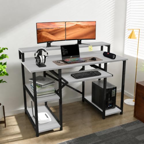 Image of Klaxon Computer Table for Home Office with Keyboard Tray and Monitor Stand, Engineered Wood Study Table and Gaming Desk with Storage Shelves (150 CM - White DIY)