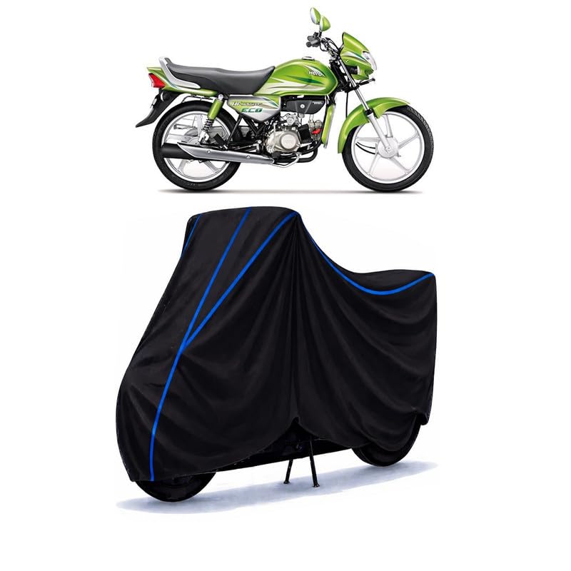Image of Hero HF Deluxe Eco Bike Cover Water Resistant Universal Motorcycle Rain | Heavy Duty UV Protection, Dust, Scratch Indoor Outdoor All Weather with Black Blue Piping Elastic