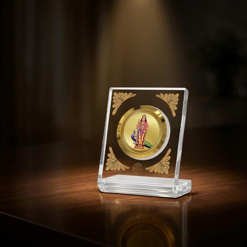 Image of DIVINITI 24K Gold Plated Lord Murugan Acrylic Frame for Car Dashboard, Home Temple & Office Table | Premium Spiritual Gift, Blessings for Protection & Positivity, 8x7 cm Decorative Showpiece