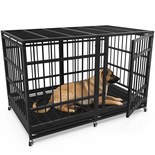 Asee'm 48' Heavy Duty Dog Crate Cage with Wheels for Large Dogs, Indestructible Escape-Proof Dog Kennel Cage Indoor for High Anxiety Dogs with Locks and 2 Removable Trays (Black)