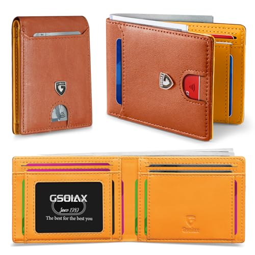 Image of GSOIAX Mens Slim Wallet RFID Blocking Bifold wallets for men Minimalist Genuine Leather Carbon Fiber Card Holder Money Clip Thin Mens with Gift Box (Brown and Yellow)