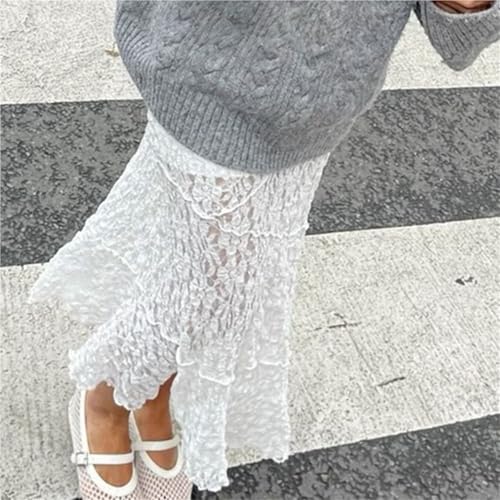Women Lace Midi Skirt Floral Sheer See-Through Irregular Hem A-line Skirt Fairy Streetwear Chic Long Skirt(Small)4