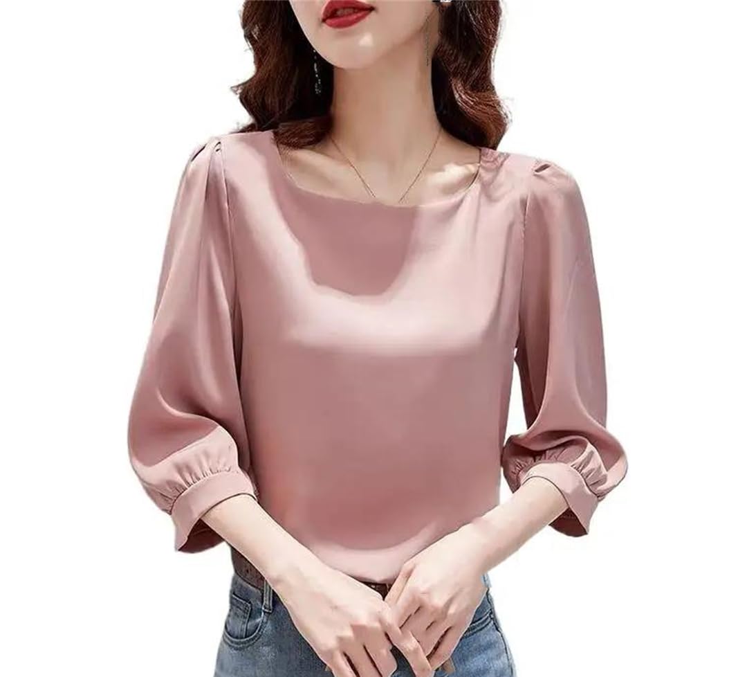 Yeuyyben Donne Elegante Raso Tre Quarti Manica Camicette Vintage Ice Silk Camicia Donna Casual Allentato Lanterna Manica Top