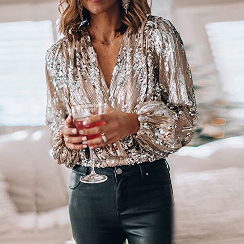Women's Sexy V Neck Sequin T-Shirt Long Sleeve Elegant Solid Slim Shirt Streetwear Top4