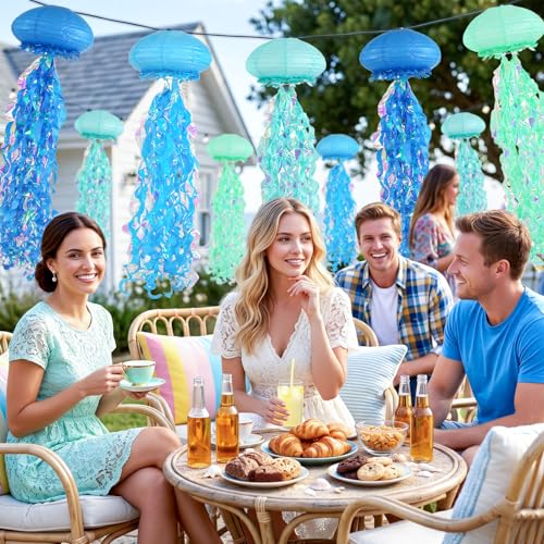 Image of 8 Pack Jellyfish Paper Lanterns, Blue Teal Mermaid Under the Sea Decor Kit | Ruffled edges and iridescent streamers for hanging jellyfish decorations birthday under sea baby shower ocean decor