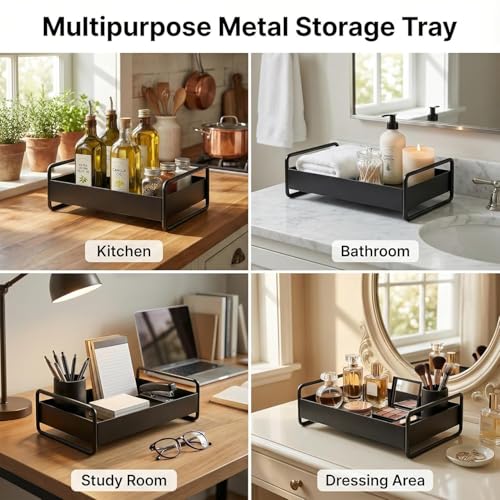 Image of Mate Black Metal Tray Serving Tray - Rectangular Tray with Handles for Kitchen, Dining, Coffee Table & Home Decor - Tea Snacks Breakfast Tray (Z Black)