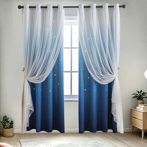 Image of indistar Dreamy Star Cutout Blackout Curtains with White Sheer,Double Layer Curtains for Girls Bedroom, Hollow Out Drapes for Nursery (2 Panel,52Wx72L,Dark Blue)