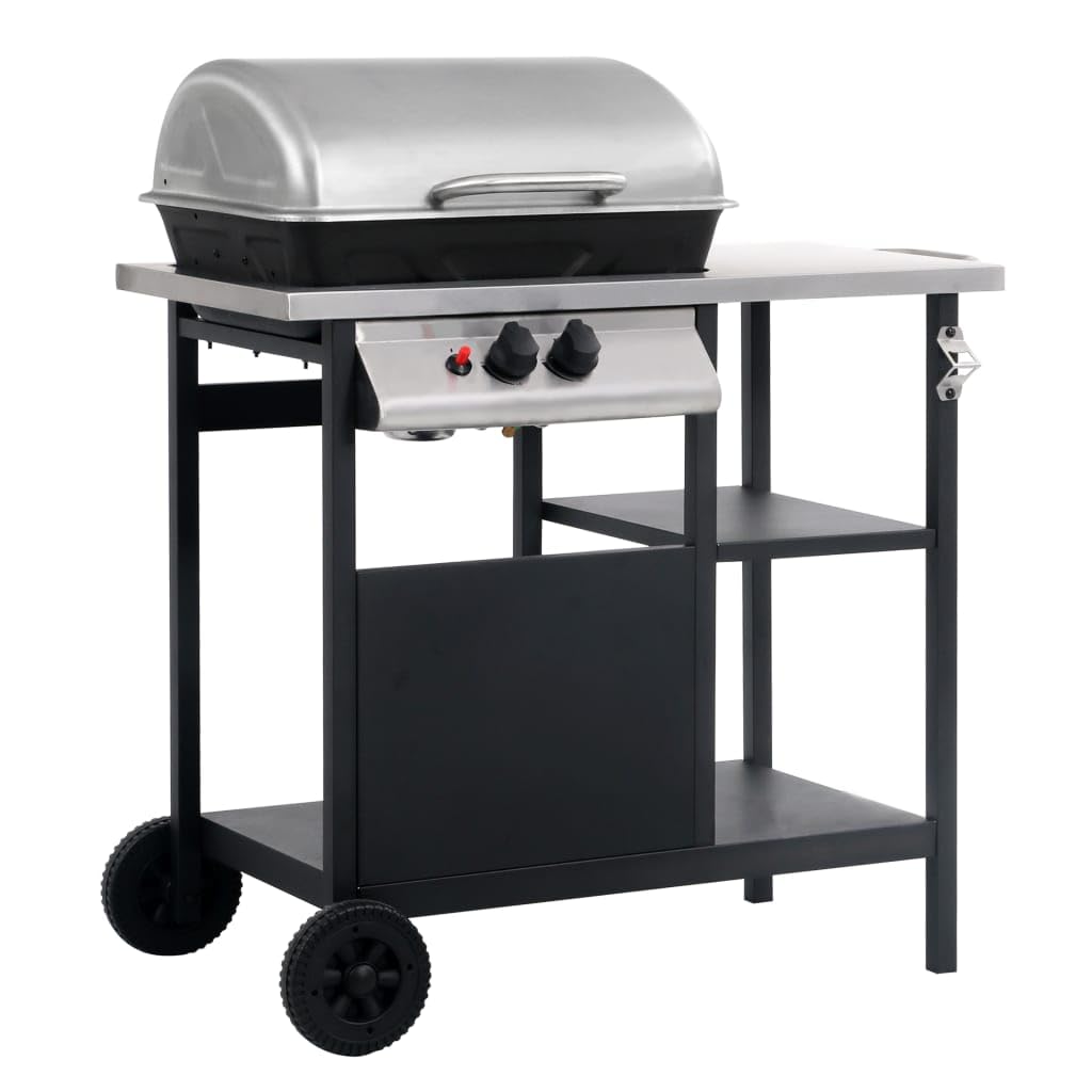 Grill gazowy ze stolikiem pomocniczym, na 3 poziomach, czarny i srebrny, stal malowana proszkowo, stal nierdzewna, 92 x 53 x 96 cm, ruszt do grillowania 49 x 33 cm, moc 5,5 kW