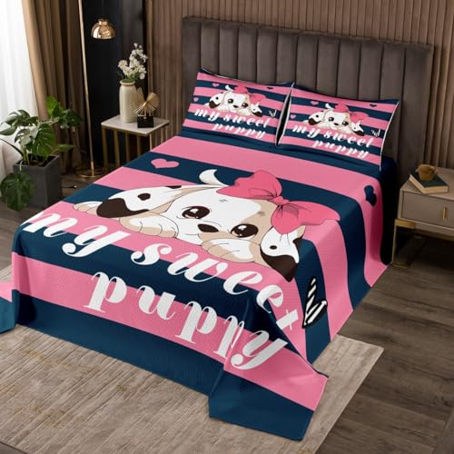 Erosebridal Dog Bedspread Queen Boys Cute Puppy Dogs Coverlet Set Geometry Stripe Love Heart Quilted Cartoon Animal Bedspread Quilt Set 3 Pieces with 2 Pillow Shams Kawaii Decor