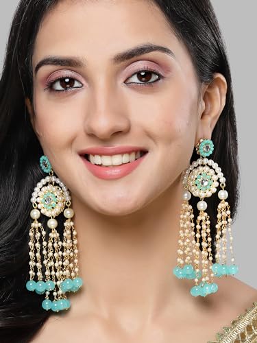 Image of Karatcart Yellow Crystal and Pearl Kundan Dangler Earrings for Women