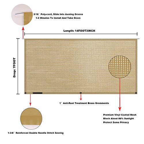 Tentproinc Rv Awning Sun Shade Screen 7' X 14' 3'' - Beige Mesh Sunshade Uv Blocker Complete Kits Motorhome Camping Trailer Canopy Shelter - 3 Years Limited Warranty #TOP5