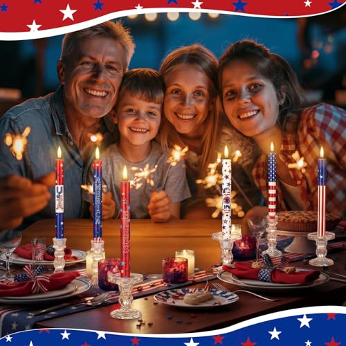 Image of Aurelema 6 Pcs 4th of July LED Flameless Candle Set 250th Anniversary Patriotic Taper Candles Battery Operated with Remote God Bless American USA Flag Candles for Independence Day Decor Party Favors
