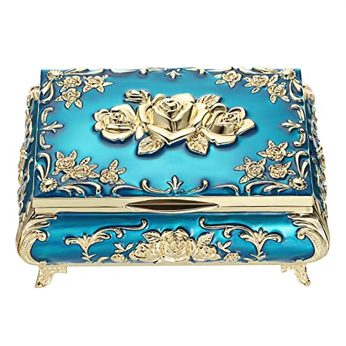 SUMTree Vintage Schmuckkästen mit Deckel aus Metall Blau mit Goldenblumeform Schmuckbox Schmuckkiste Schmuckkoffer für Ring Armband Ohrringe von Damen Geschenk für...