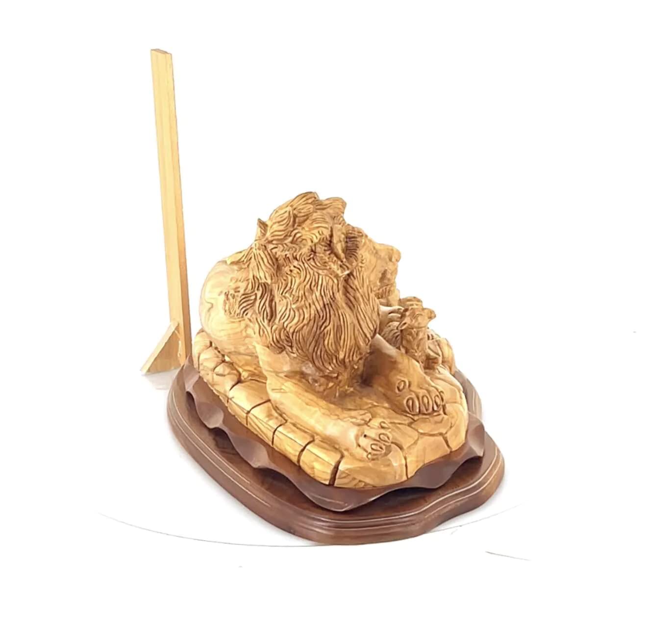 Bethlehem Handicrafts Hand Carved Wooden Lion with a Lamb