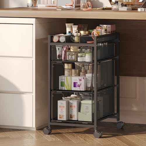 JKsmart Rolling Makeup Cart Organizer with 3 Drawers, Cosmetics Display with Dividers, Floor Skincare Storage with Wheels, Versatile Vanity Organizer for Nail Polish Perfume Brush Hair Tool, Black