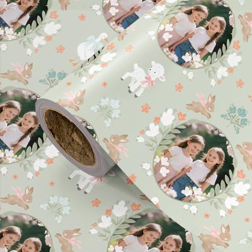 LeZakaa Custom Easter Wrapping Paper 30×180in Jumbo Roll, Personalized Photo Gift Wrap with Bunny Lamb Goose Floral Design, Spring Easter Holiday Gift Wrap for Kids Family