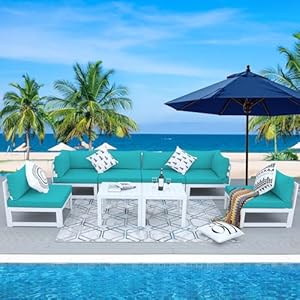 NICESOUL® 8 Piece Aluminum Outdoor Patio Furniture Conversation Sofa Set, White Large Size Luxury Sectional Couch with Coffee Table Teal Blue Olefin Cushion for Backyard Garden, 2 Color Cushion