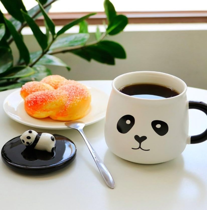 Image of Ceramic Panda Mug with Lid and Spoon, White and Black, 300 ml, Coffee Tea Cup with 3D Panda Design, Gift for Boys Girls Friends Panda Lovers