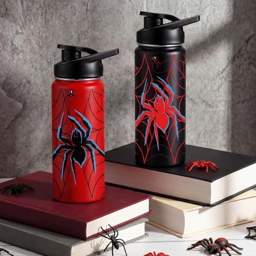 Image of Bokon 2 Pcs Spider Water Bottle with Straw Lid 16 oz Insulated Red Black Stainless Steel 18 /8 Spiderweb Vacuum Cups Tumbler for Travel Outdoor Family Friend Gifts, Leak Proof Lid Design(Vivid)