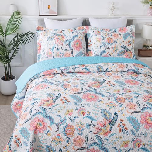 BEDIFANY Garden Cotton Filling Queen Size Quilt Set - Lightweight Bedspreads Queen Size (90 x 98 inch) with Colorful Floral Pattern - Farmhouse Queen Quilt Bedding Sets for Bed Coverlet, 3 Pieces